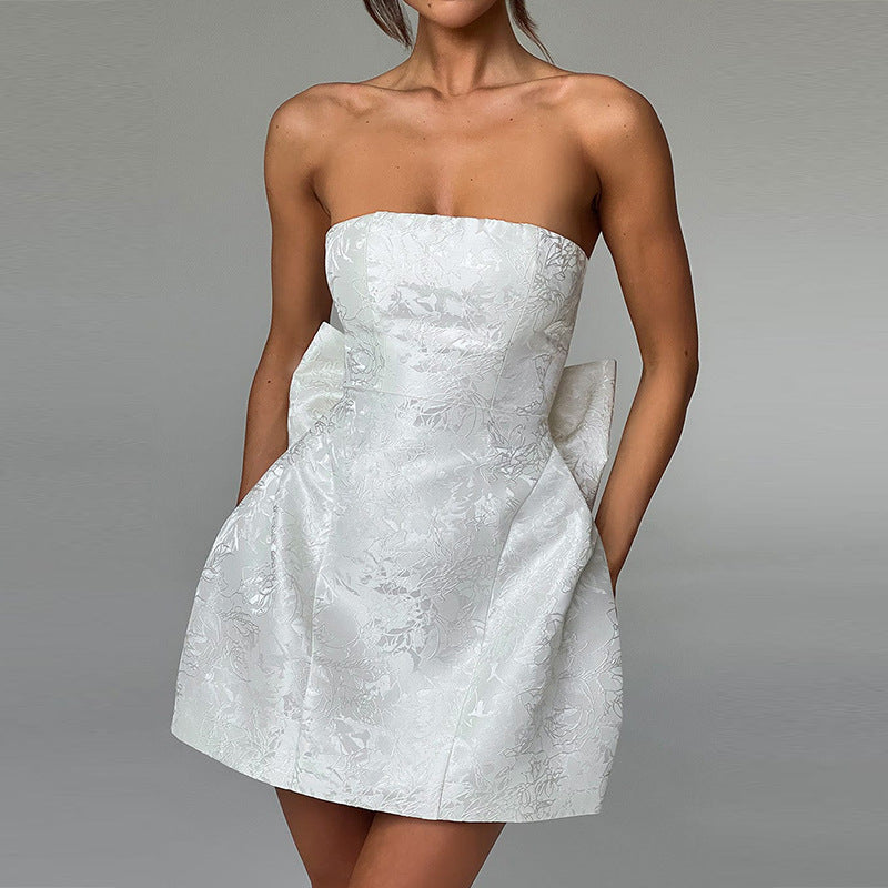 Heidi-Mode | Mini Cocktailkleid Schulterfrei Abendkleid mit Schleifendetail