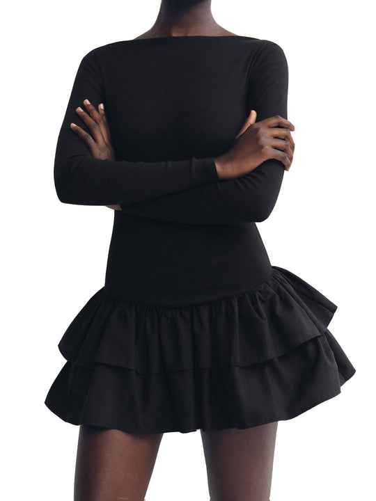 Damen Minikleid mit asymmetrischem Rüschenbesatz und eleganten langen Ärmeln Heidi-Mode