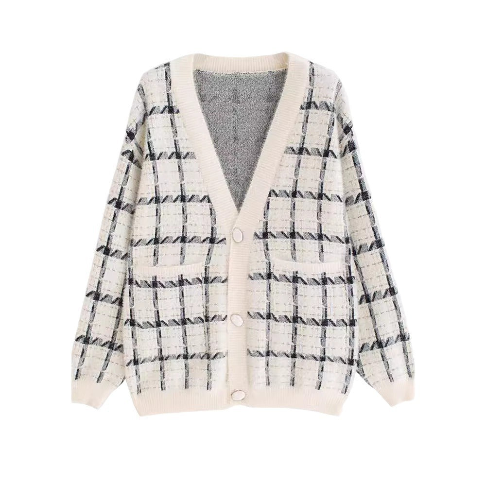 Damen Kuscheliger Oversized-Strickcardigan mit Karomuster Heidi-Mode