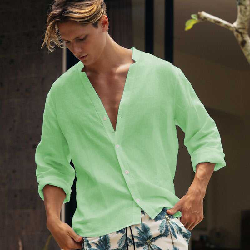 Herren lässige Leinenbluse mit durchgehendem Knopfverschluss Heidi-Mode
