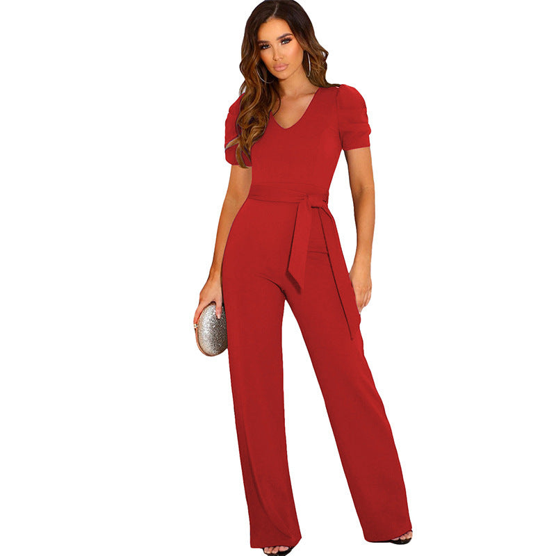 Damen Eleganter Jumpsuit mit Taillengürtel und Puffärmel Heidi-Mode