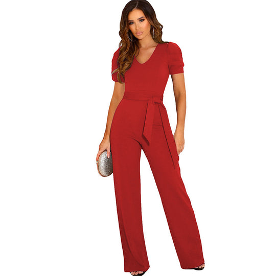 Damen Eleganter Jumpsuit mit Taillengürtel und Puffärmel Heidi-Mode