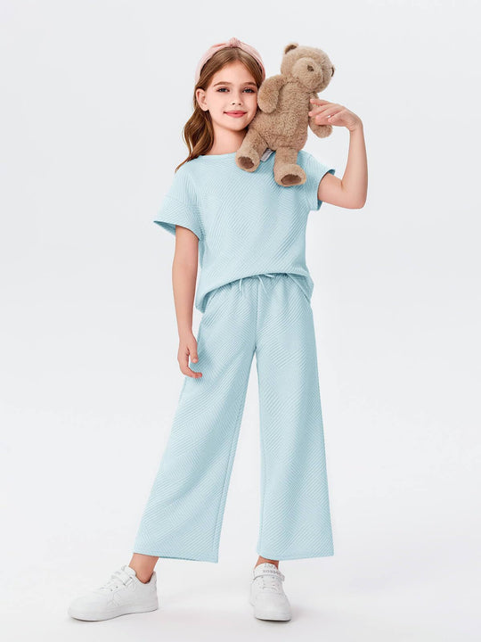 Damen lässiges Kurzarm-Oberteil und weit geschnittene Lounge-Hose Set Heidi-Mode