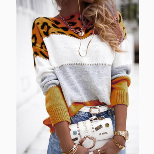 Damen Modischer Pullover mit auffälligen Farbakzenten und Leoprint Heidi-Mode
