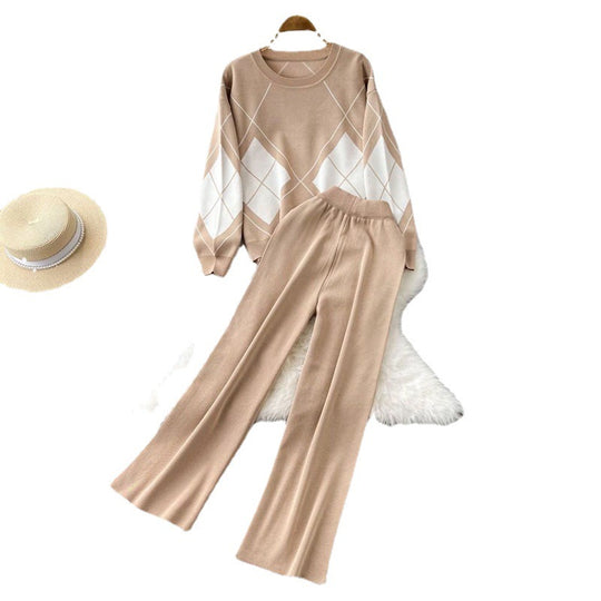 Damen elegantes Strick-Loungewear-Set mit Rautenmuster und weitem Bein Heidi-Mode
