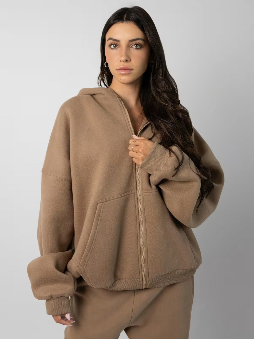 Damen oversized Fleece-Hoodie mit lässigem Reißverschluss und Kängurutaschen Heidi-Mode