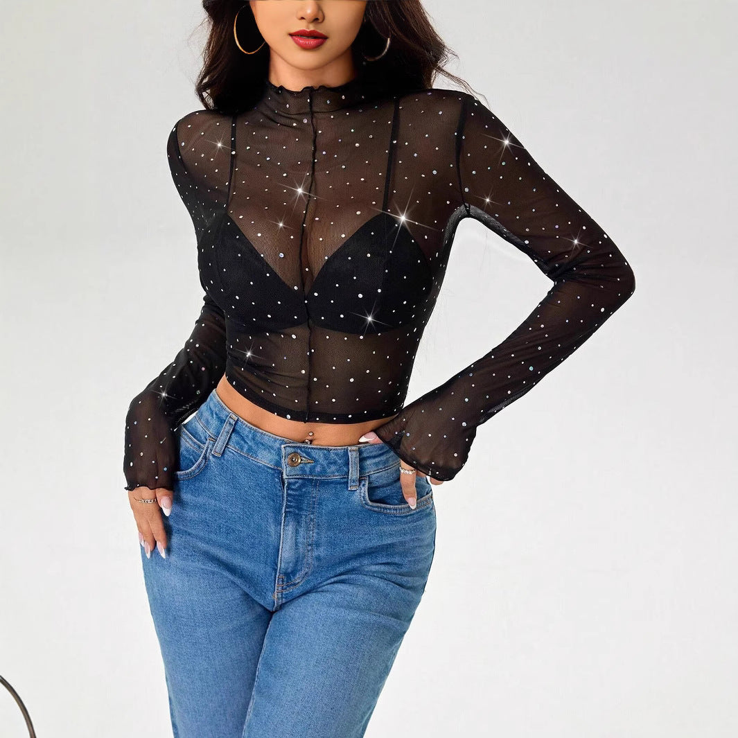 Damen Transparentes Oberteil mit Glitzer Heidi-Mode