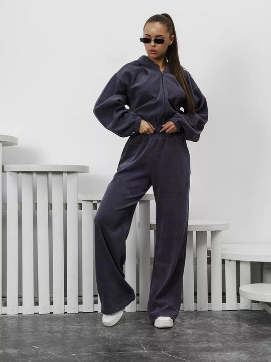 Damen Thermo Fleece Trainingsanzug mit Kapuze und weitem Bein Heidi-Mode
