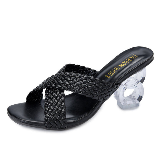 Damen Sandalen mit durchsichtigen Blockabsätzen und geflochtenem Riemchen Heidi-Mode