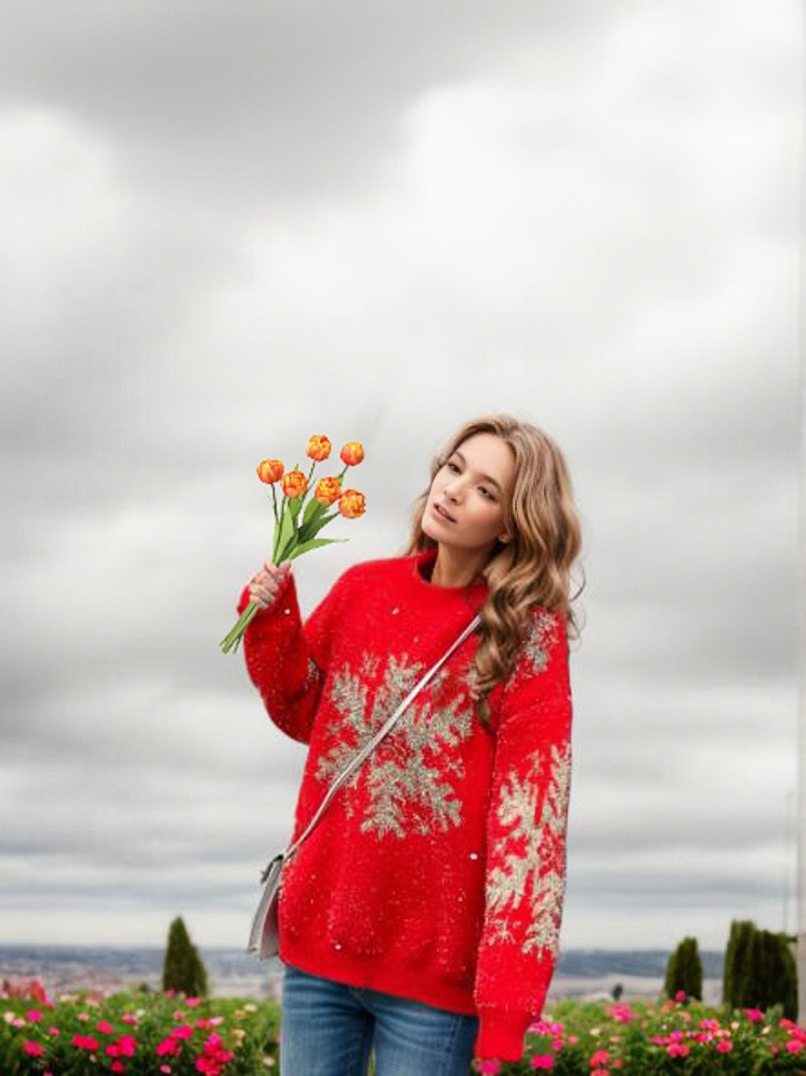 Damen Weihnachts-Pullover mit festlichem Schneeflocken-Motiv und weitem Schnitt Heidi-Mode