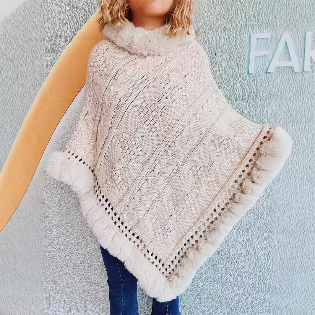 Damen Strickponcho mit dekorativem Kragen und gefüttertem Saum Heidi-Mode
