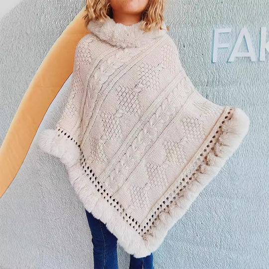 Damen Strickponcho mit dekorativem Kragen und gefüttertem Saum Heidi-Mode