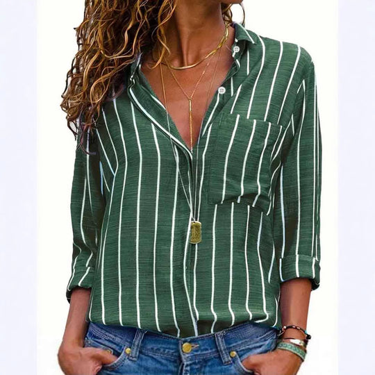Damen lässige Hemdbluse mit vertikalen Streifen und Brusttasche Heidi-Mode