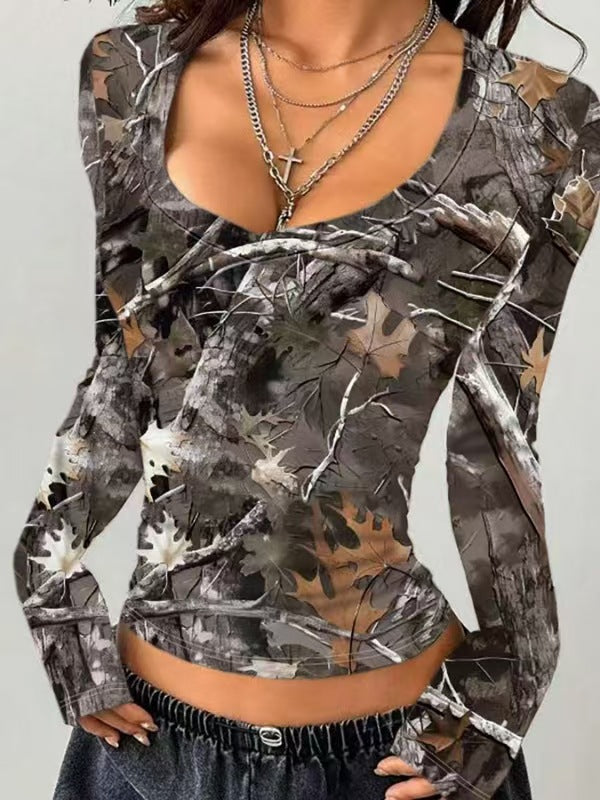 Damen Camouflage Langarmshirt mit V-Ausschnitt und modernen Details Heidi-Mode