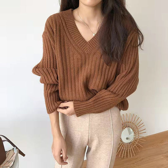 Damen Viskose-Strickpullover mit V-Ausschnitt und geripptem Design Heidi-Mode