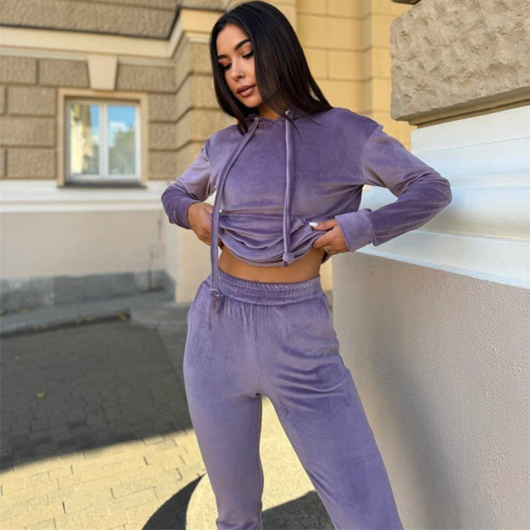 Damen sportlicher Velours-Jogginganzug mit Kapuze und elastischem Bund Heidi-Mode
