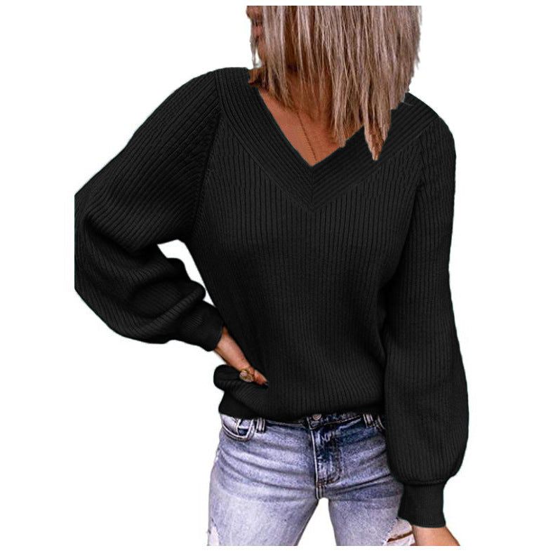 Damen Strickpullover mit V-Ausschnitt und voluminösen Ärmeln Heidi-Mode