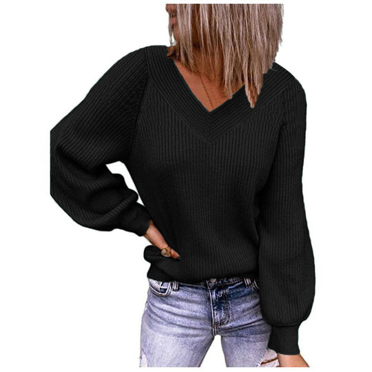 Damen Strickpullover mit V-Ausschnitt und voluminösen Ärmeln Heidi-Mode