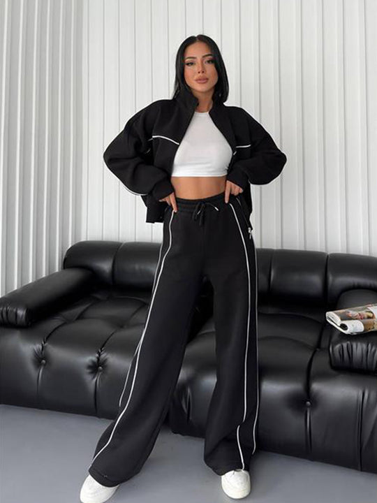 Damen lässiges Crop-Sweat-Set mit weitem Schnitt und hohem Kragen Heidi-Mode
