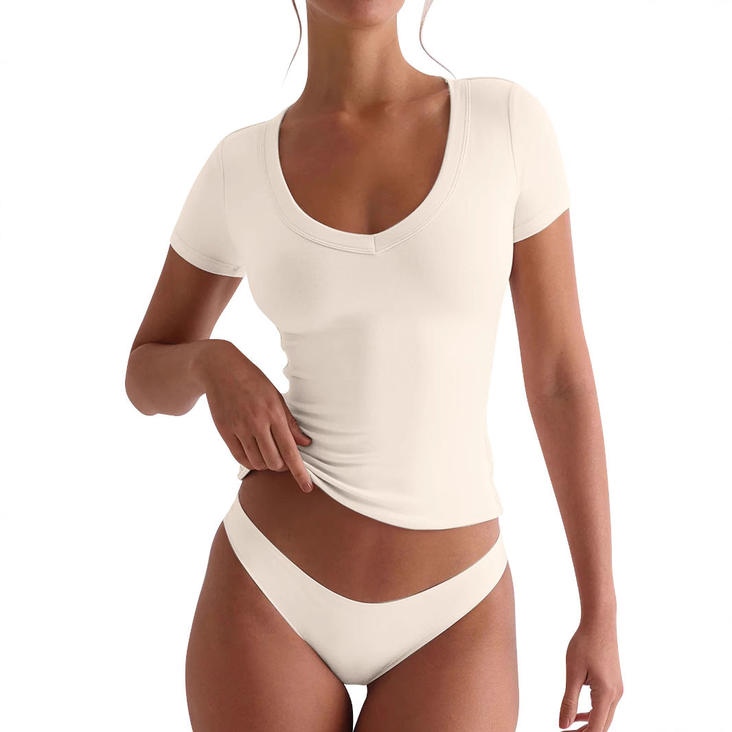 Damen figurbetontes V-Neck T-Shirt mit kurzen Ärmeln Heidi-Mode