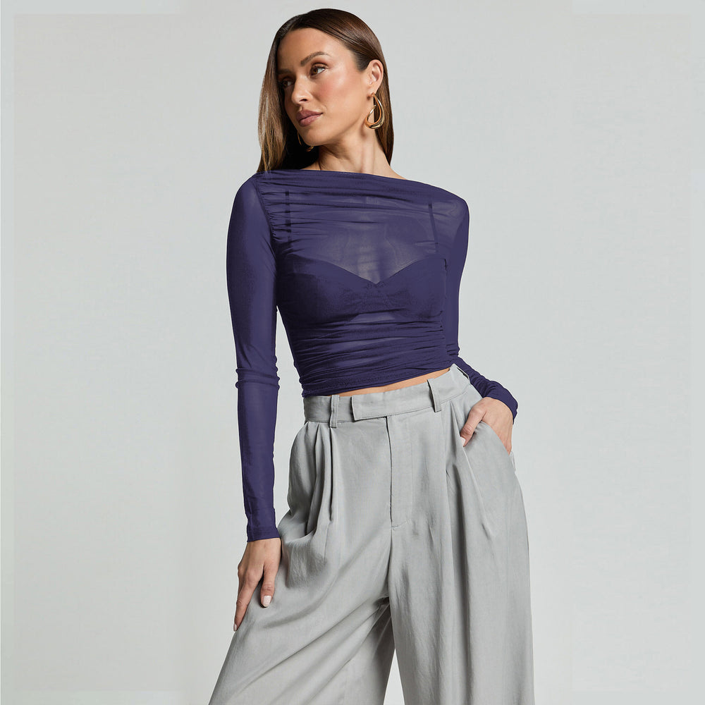 Damen Elegantes Langarmoberteil mit transparentem Mesh und Raffung Heidi-Mode