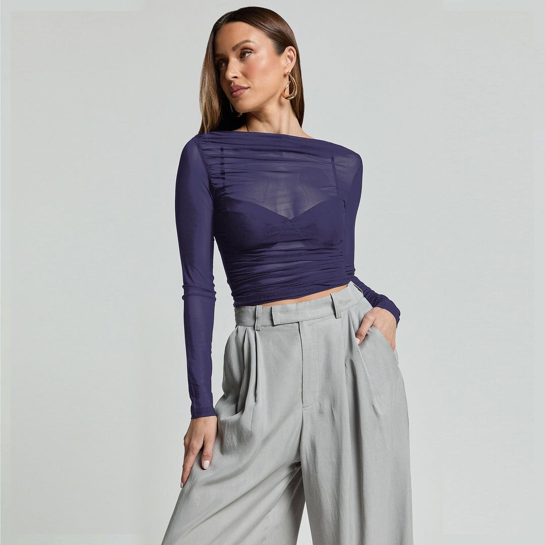 Damen Elegantes Langarmoberteil mit transparentem Mesh und Raffung Heidi-Mode