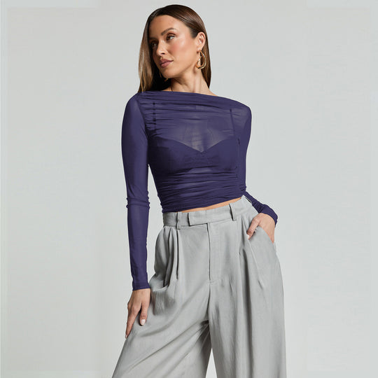Damen Elegantes Langarmoberteil mit transparentem Mesh und Raffung Heidi-Mode