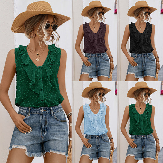 Damen Ärmelloses Rüschenbluse mit Knopfdetails Heidi-Mode