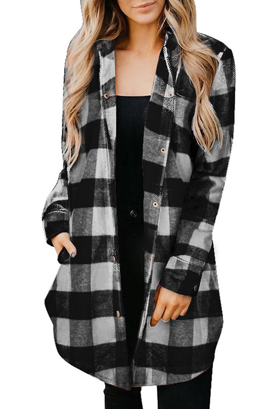 Damen lässige Longbluse im Karo-Design mit Knopfleiste Heidi-Mode
