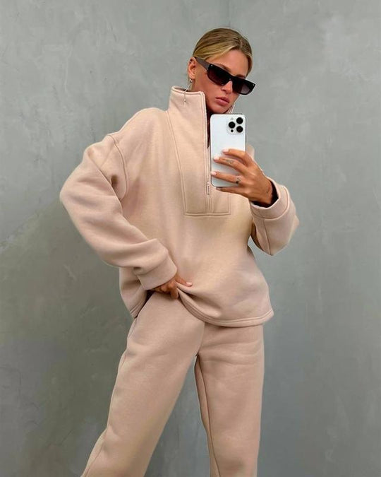 Damen sportlicher Fleece-Pullover und Jogginghose-Set mit hohem Kragen Heidi-Mode