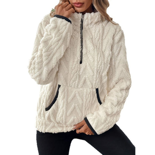 Damen flauschiger Teddy-Pullover mit halbem Reißverschluss und hohen Kragen Heidi-Mode