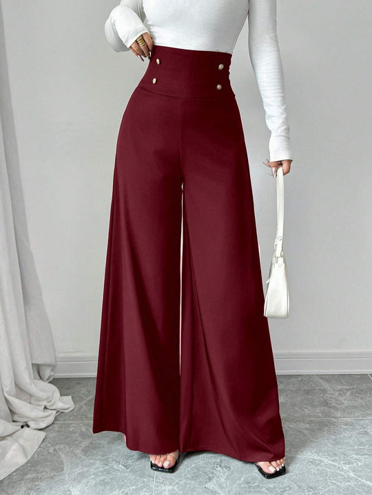 Damen Hochtaillierte Palazzo-Hose mit dekorativen Knöpfen Heidi-Mode