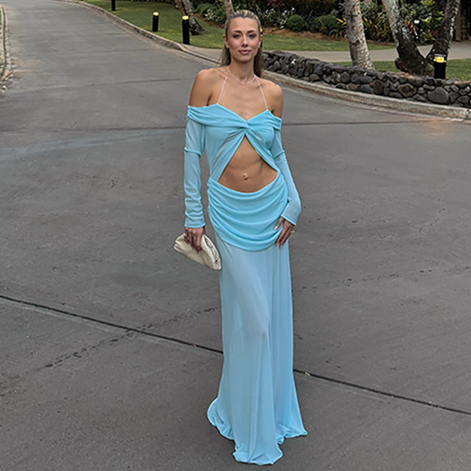 Damen Off-Shoulder Maxikleid mit innovativem Design und figurbetonter Silhouette Heidi-Mode