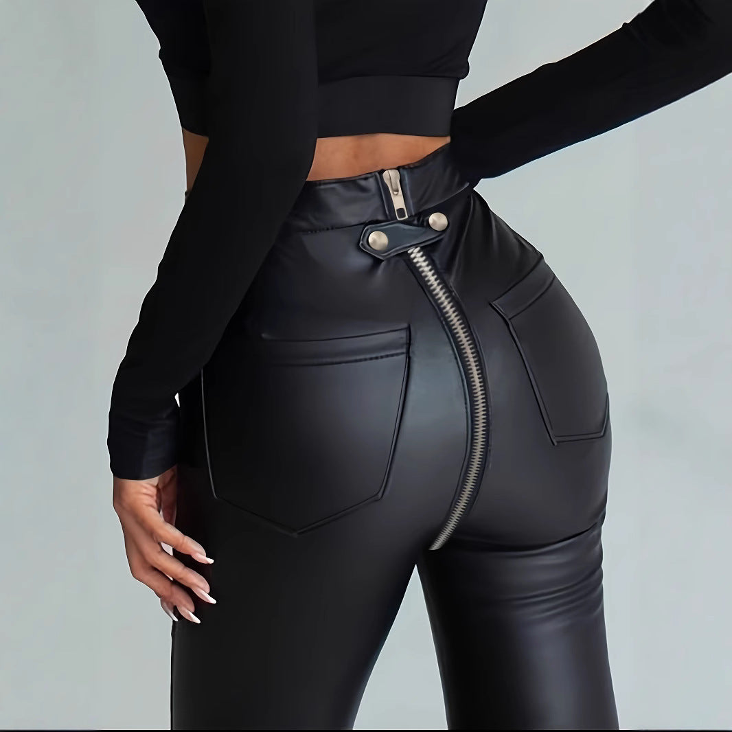 Damen Modische Kunstlederleggings mit Reißverschluss und Taillierung Heidi-Mode
