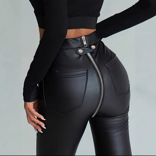 Damen Modische Kunstlederleggings mit Reißverschluss und Taillierung Heidi-Mode