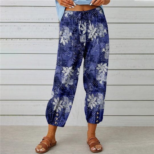 Damen lässige Pant mit floralem Druck und praktischen Knöpfen Heidi-Mode