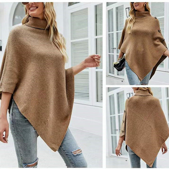 Damen Strick-Poncho mit steigendem Kragen und dekorativen Knopfdetails Heidi-Mode