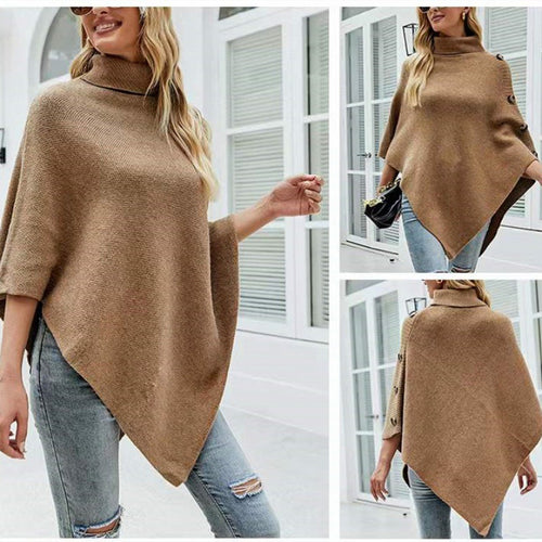 Damen Strick-Poncho mit steigendem Kragen und dekorativen Knopfdetails Heidi-Mode