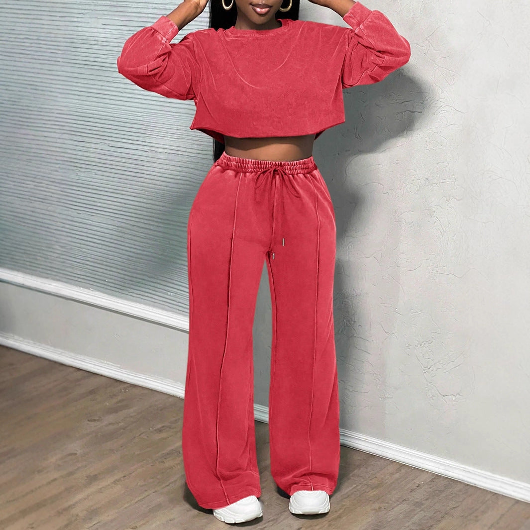 Damen lässiges cropped Lounge-Set mit weitem Hosen und praktischem Kordelzug Heidi-Mode