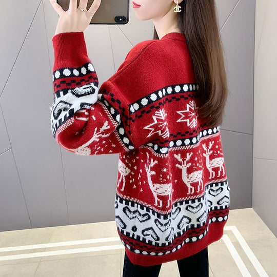 Damen Grobstrickpullover mit festlichem Rentiermotiv und modernem Design Heidi-Mode