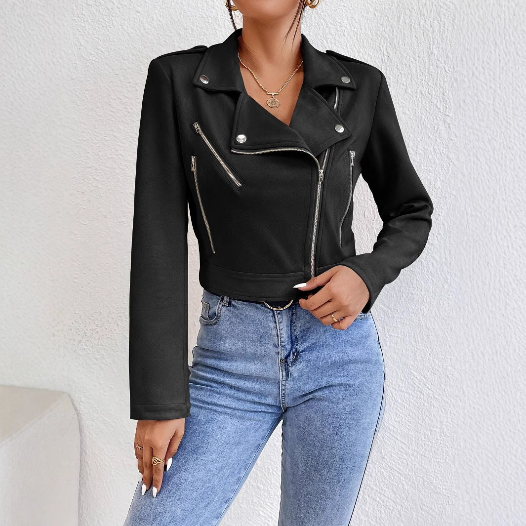 Damen Stylische Kunstjacke im Biker-Stil mit asymmetrischem Reißverschluss Heidi-Mode