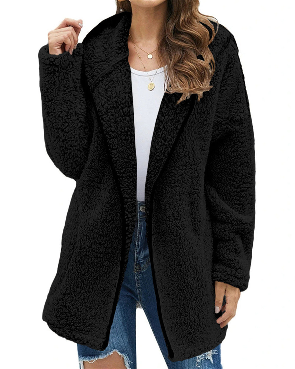 Damen Flauschige Kapuzenjacke im oversized Schnitt mit Eingrifftaschen und Reißverschluss Heidi-Mode