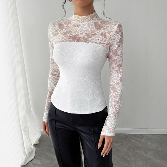 Damen Elegantes Spitzenoberteil mit hochgeschlossenem Kragen und langen Ärmeln Heidi-Mode