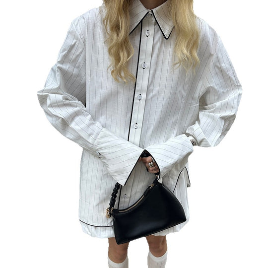 Damen Oversized Hemdblusenkleid mit Kontrastnähten und modernem Design Heidi-Mode