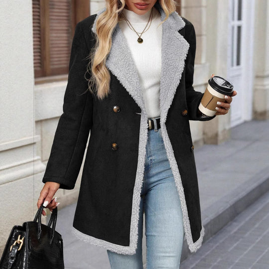 Damen Modische Oversized-Jacke mit Teddyfutter und doppelter Knopfleiste Heidi-Mode