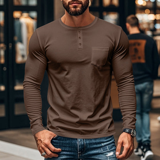 Herren Langarmshirt mit Knopfleiste und Brusttasche Heidi-Mode