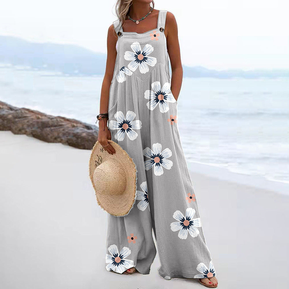 Damen Weit geschnittene Latzhose mit floralem Muster und praktischen Taschen Heidi-Mode