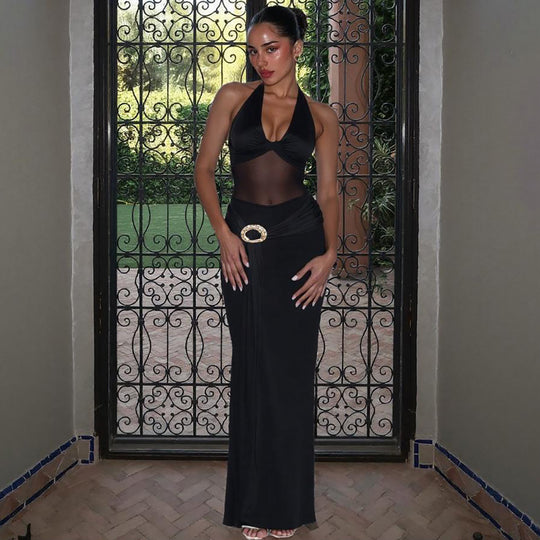 Damen Maxi-Überwurfkleid mit transparentem Material und eleganter Gürtelschnalle Heidi-Mode