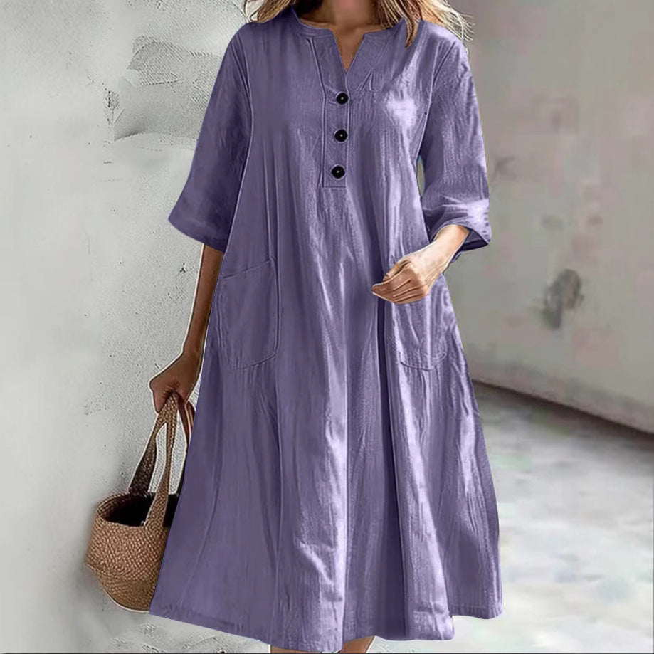 Damen lässiges Baumwollkleid mit Knopfleiste und praktischen Taschen Heidi-Mode