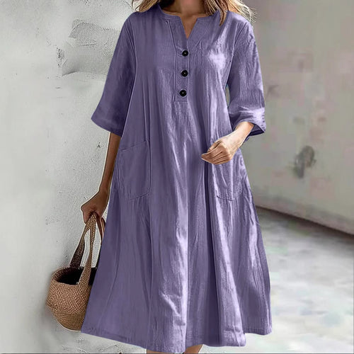 Damen lässiges Baumwollkleid mit Knopfleiste und praktischen Taschen Heidi-Mode